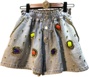 Womens Denim Shorts Hand-Studded Diamond Gold Border Gemstone Elastic Drawstring High Waist Loose Wide Leg Jeans with Pockets