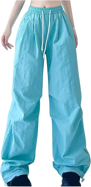 Womens Drawstring Elastic Waist Cargo Pant Solid Loose Straight Casual Wide-Leg Trouser Summer Fall Lightweight Pant