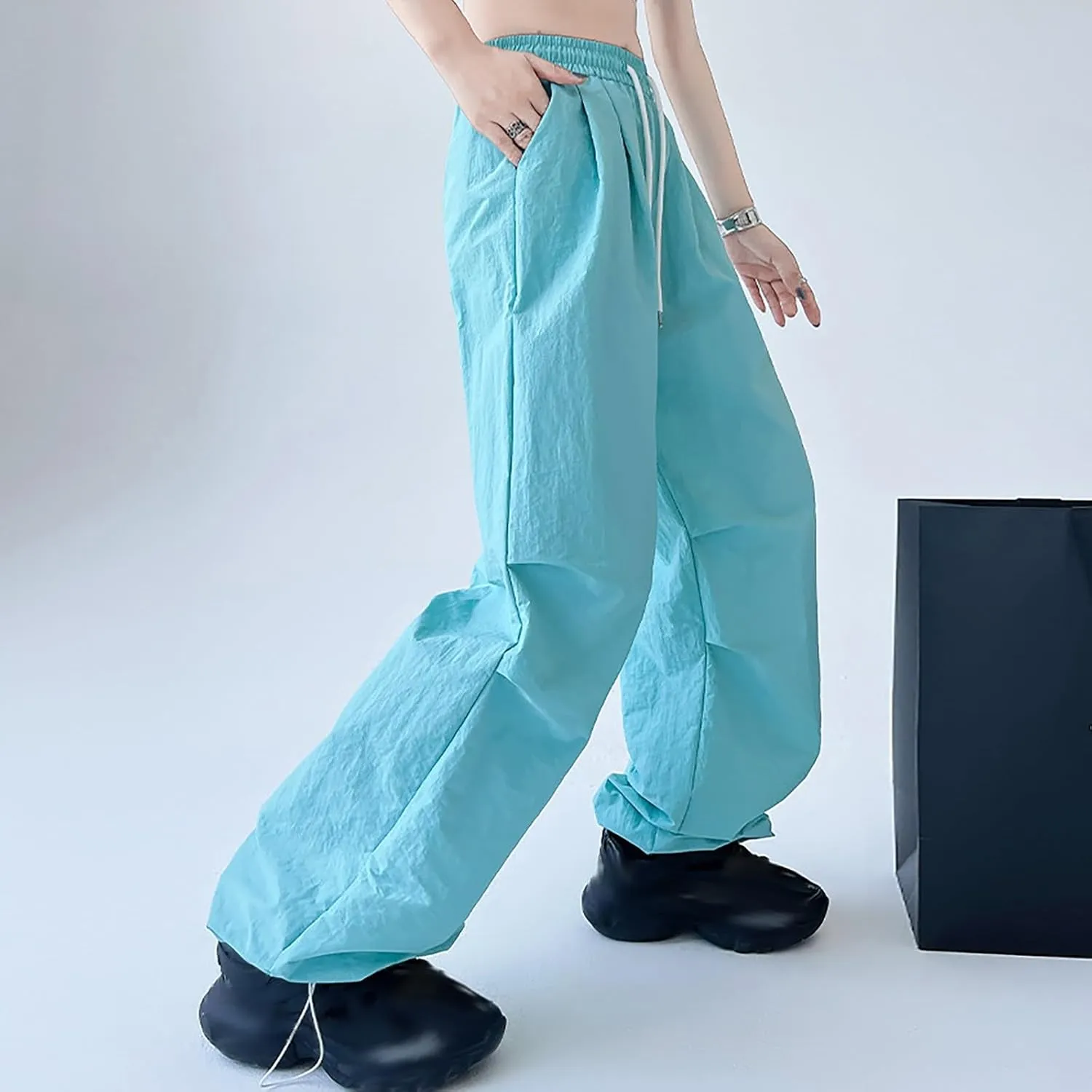 Womens Drawstring Elastic Waist Cargo Pant Solid Loose Straight Casual Wide-Leg Trouser Summer Fall Lightweight Pant