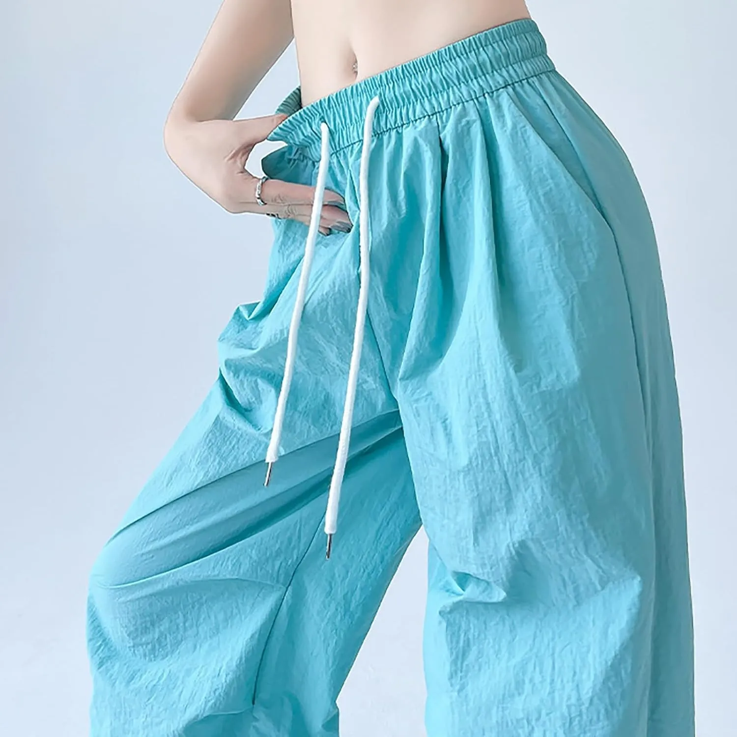 Womens Drawstring Elastic Waist Cargo Pant Solid Loose Straight Casual Wide-Leg Trouser Summer Fall Lightweight Pant