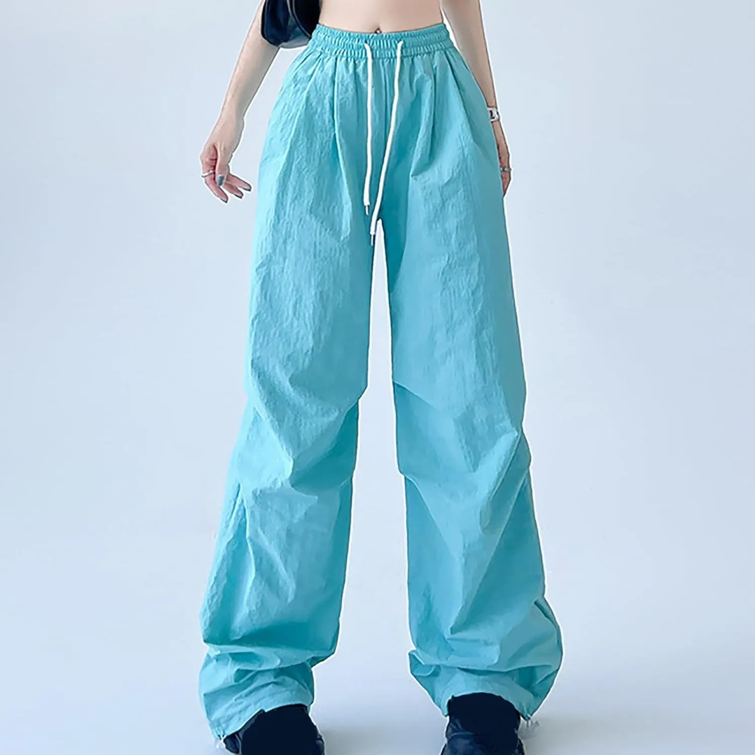 Womens Drawstring Elastic Waist Cargo Pant Solid Loose Straight Casual Wide-Leg Trouser Summer Fall Lightweight Pant