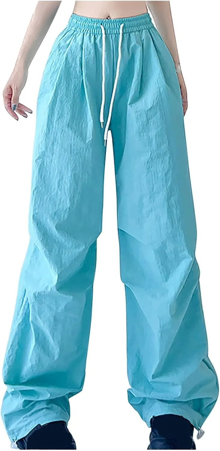 Womens Drawstring Elastic Waist Cargo Pant Solid Loose Straight Casual Wide-Leg Trouser Summer Fall Lightweight Pant
