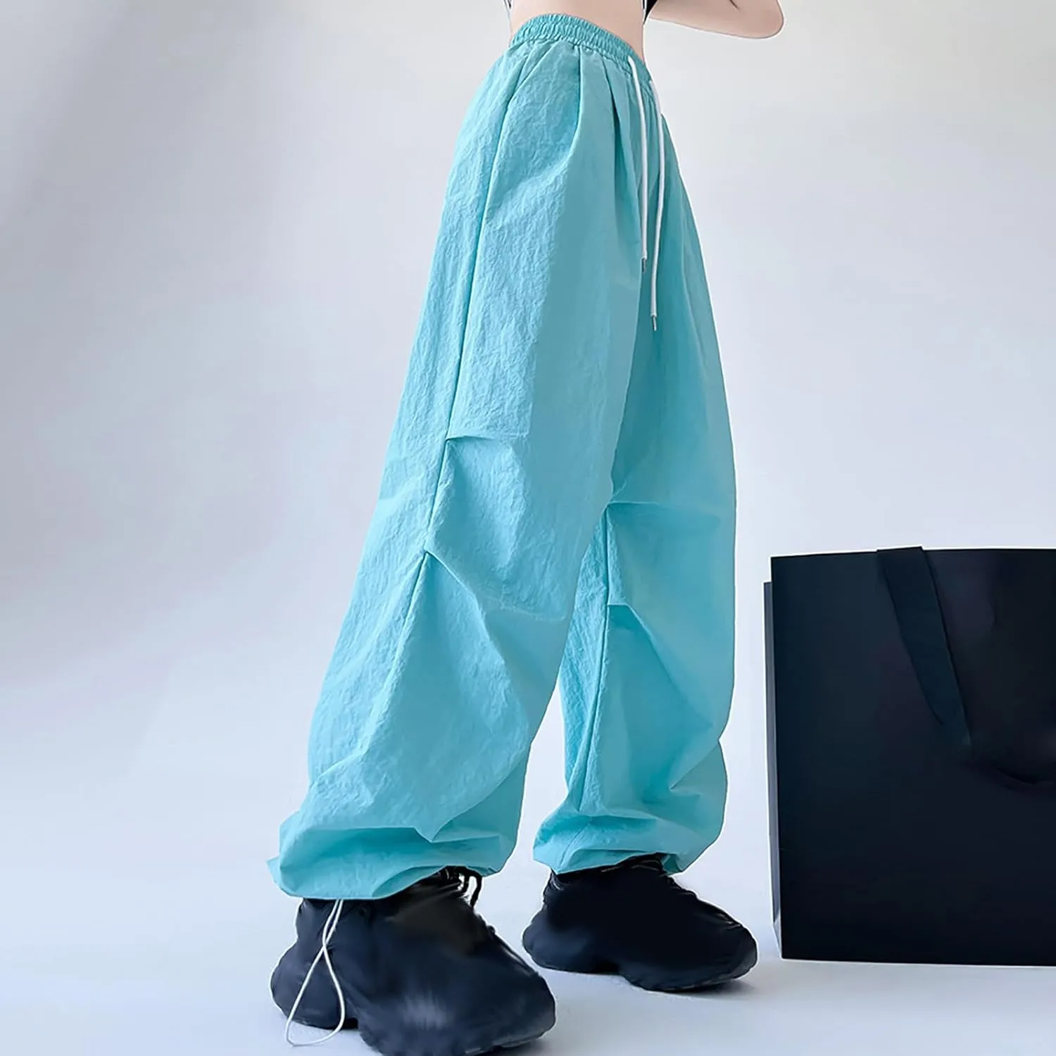 Womens Drawstring Elastic Waist Cargo Pant Solid Loose Straight Casual Wide-Leg Trouser Summer Fall Lightweight Pant