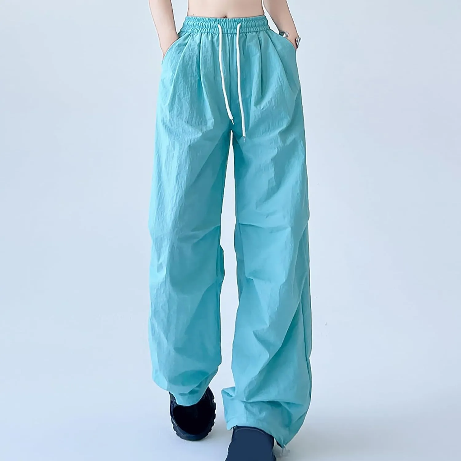 Womens Drawstring Elastic Waist Cargo Pant Solid Loose Straight Casual Wide-Leg Trouser Summer Fall Lightweight Pant