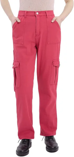 Women's Elastic Waist Straight Leg Relaxed Fit Cargo Jeans Utility Casual Denim Cargo Outdoor Pants