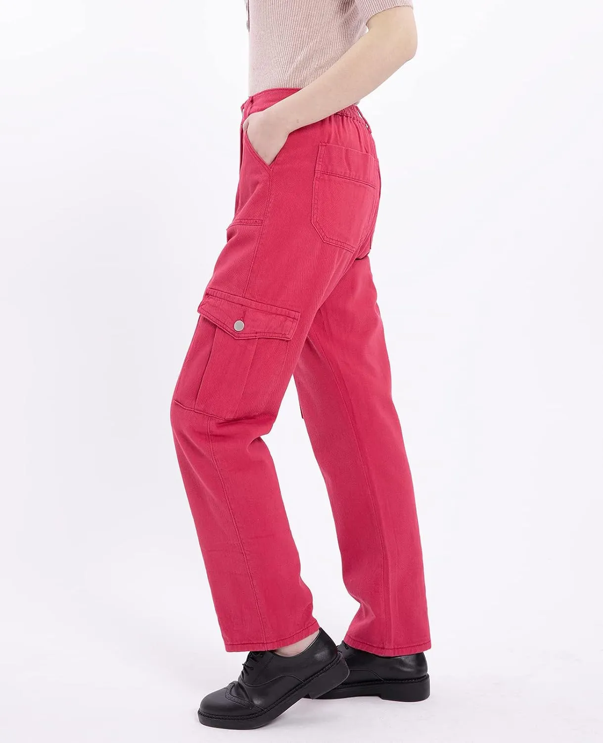 Women's Elastic Waist Straight Leg Relaxed Fit Cargo Jeans Utility Casual Denim Cargo Outdoor Pants