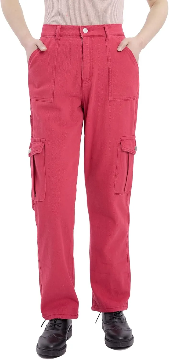 Women's Elastic Waist Straight Leg Relaxed Fit Cargo Jeans Utility Casual Denim Cargo Outdoor Pants