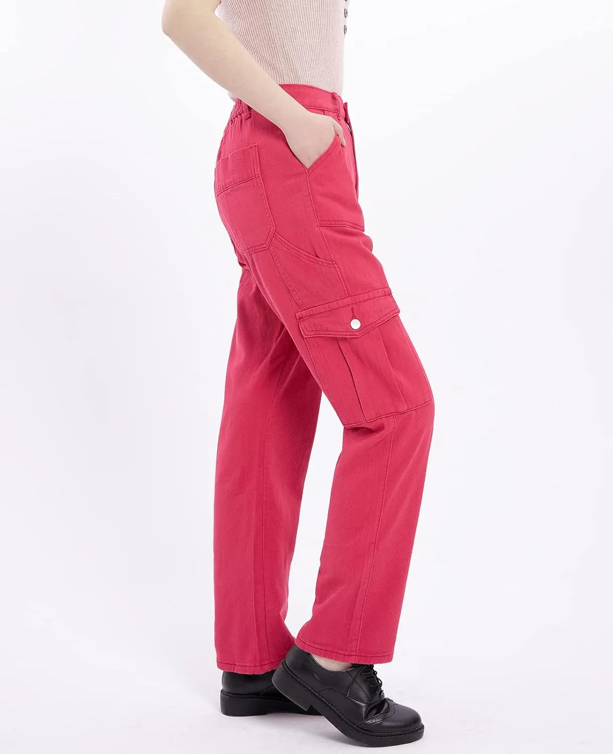 Women's Elastic Waist Straight Leg Relaxed Fit Cargo Jeans Utility Casual Denim Cargo Outdoor Pants
