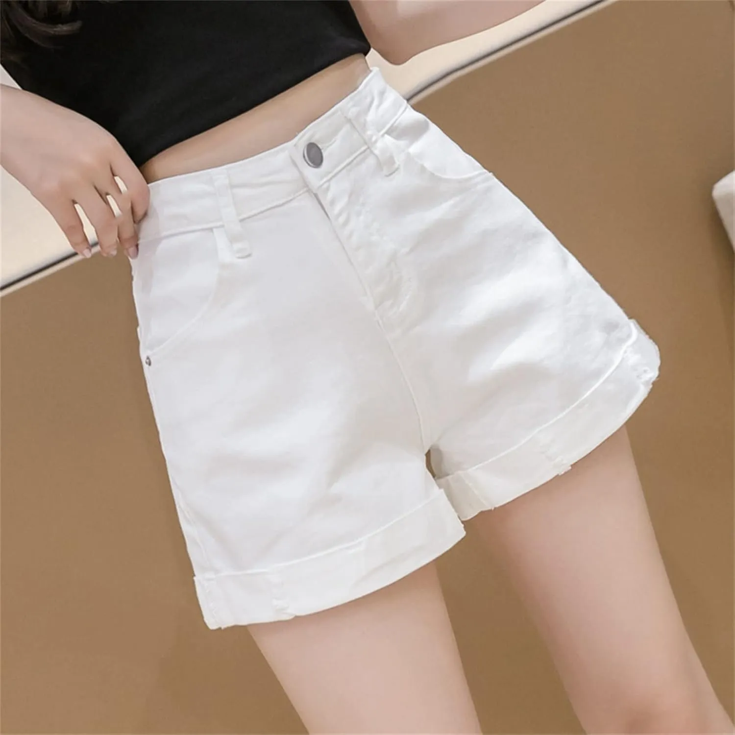 Women's High Waisted Denim Shorts Summer Stretchy Folded Hem Jeans Shorts Elastic Casual Short Jeans