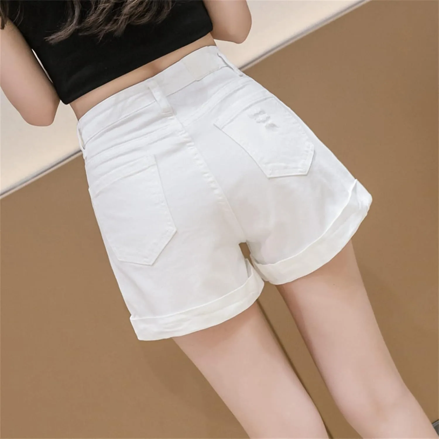 Women's High Waisted Denim Shorts Summer Stretchy Folded Hem Jeans Shorts Elastic Casual Short Jeans