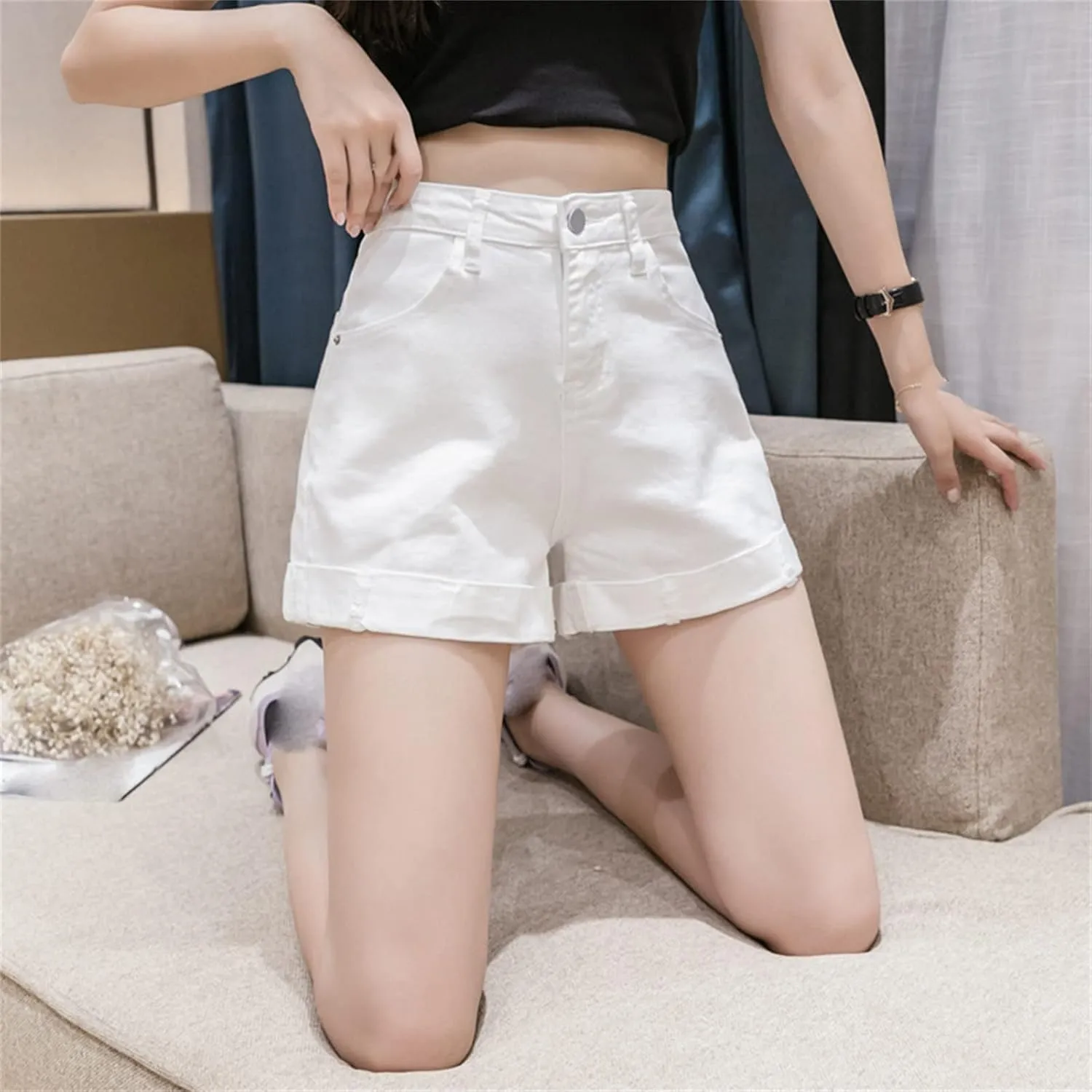Women's High Waisted Denim Shorts Summer Stretchy Folded Hem Jeans Shorts Elastic Casual Short Jeans