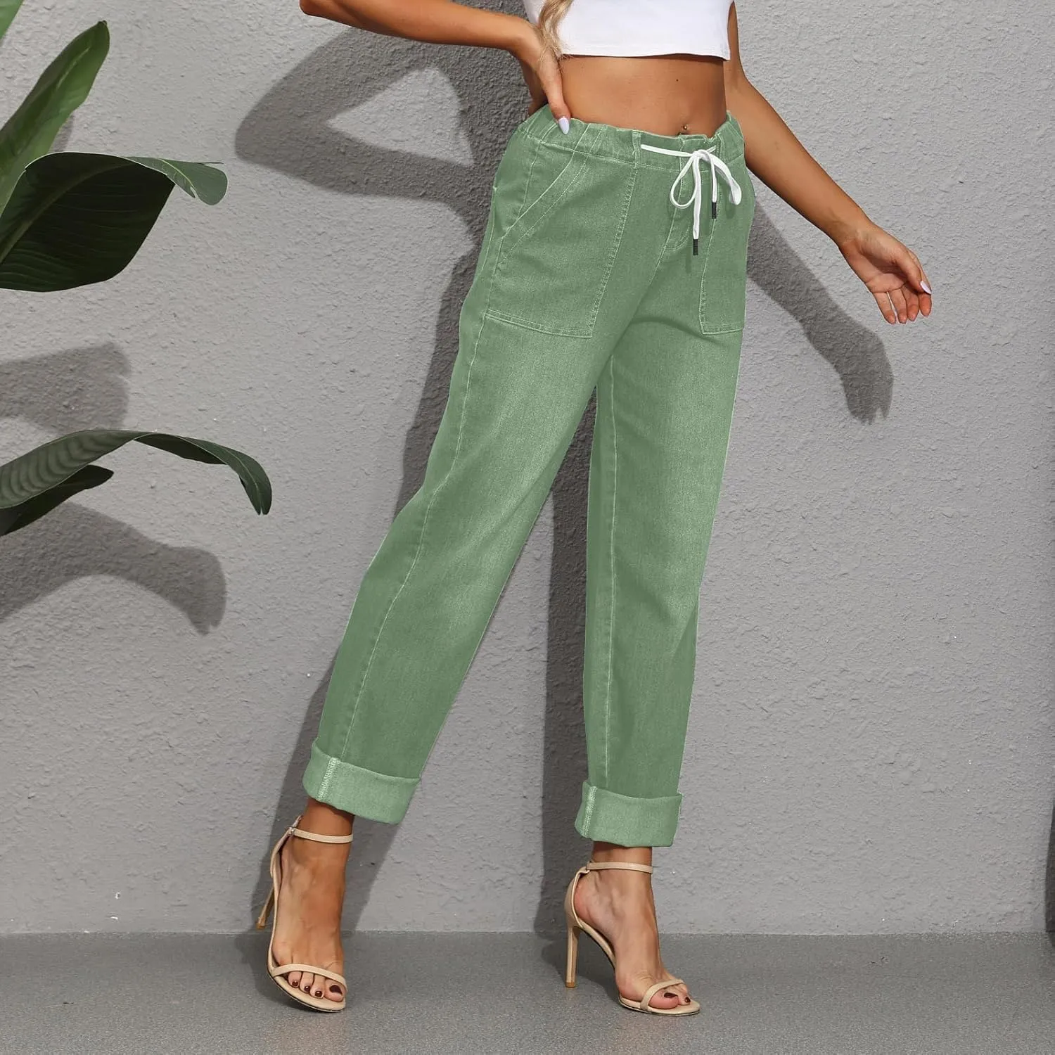 Women's Jeans High Waisted Straight Leg Stretchy Jeans Trendy Welt Pockets Loose Wide Leg Denim Pants
