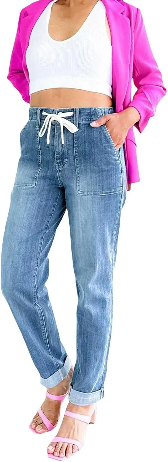 Women's Jeans High Waisted Straight Leg Stretchy Jeans Trendy Welt Pockets Loose Wide Leg Denim Pants