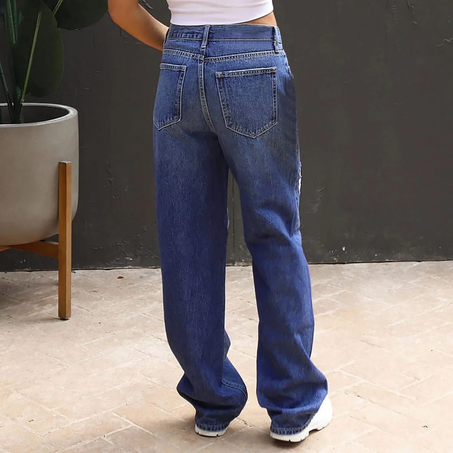 Womens Jeans High Waisted Trendy Stretch Wide Leg Straight Pants Casual Loose Fit Ripped Denim Jeans