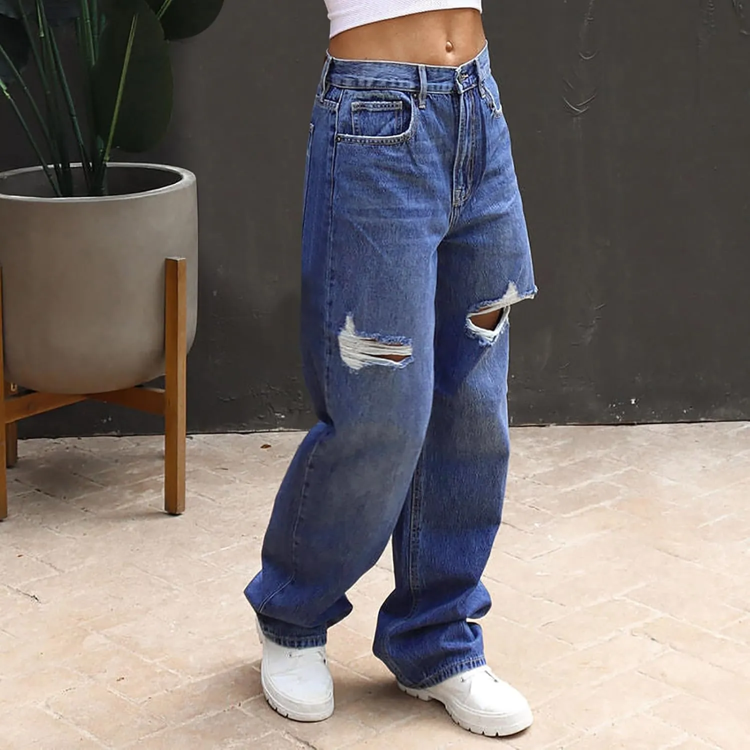 Womens Jeans High Waisted Trendy Stretch Wide Leg Straight Pants Casual Loose Fit Ripped Denim Jeans