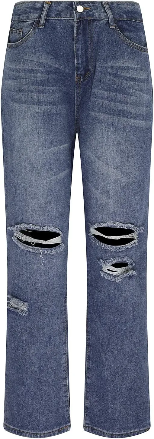 Womens Jeans High Waisted Trendy Stretch Wide Leg Straight Pants Casual Loose Fit Ripped Denim Jeans