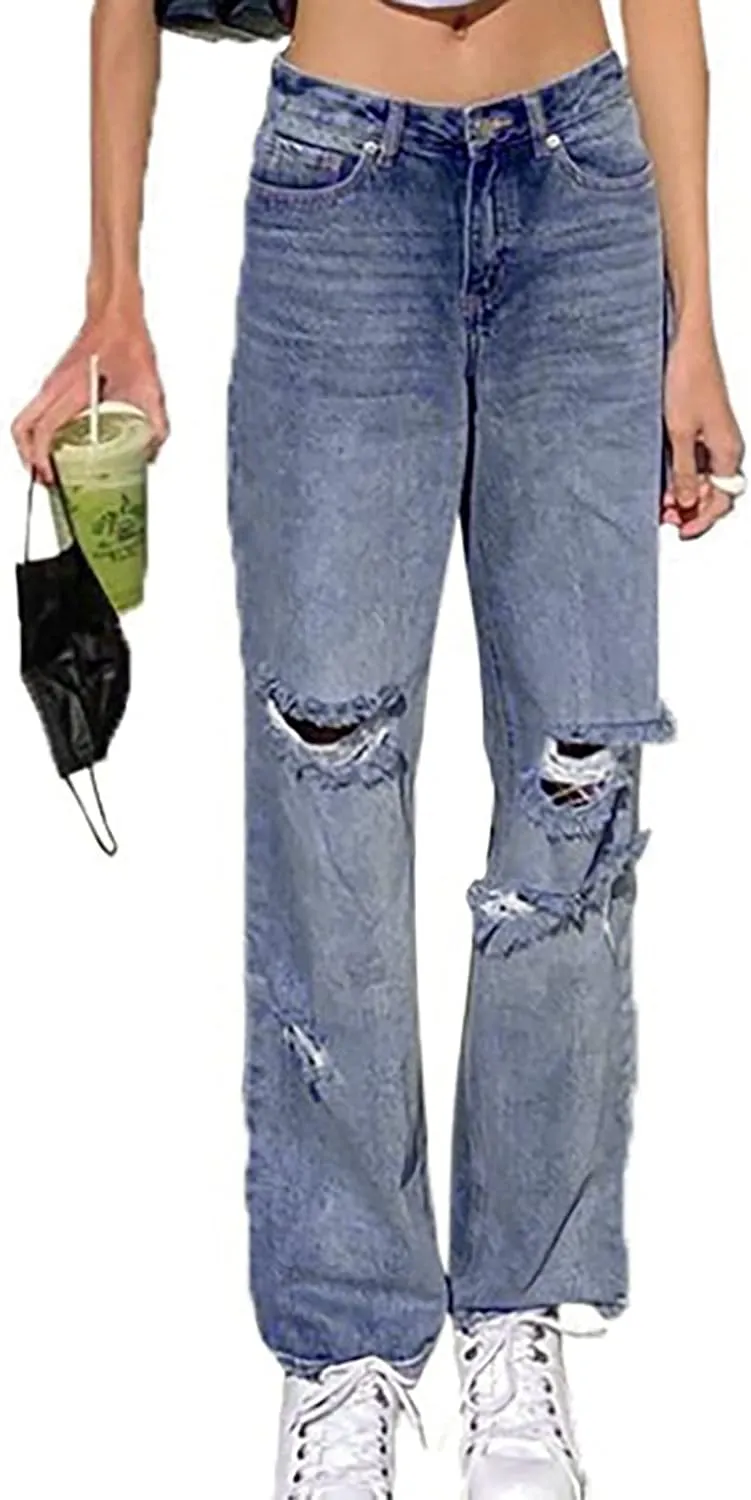 Womens Jeans High Waisted Trendy Stretch Wide Leg Straight Pants Casual Loose Fit Ripped Denim Jeans