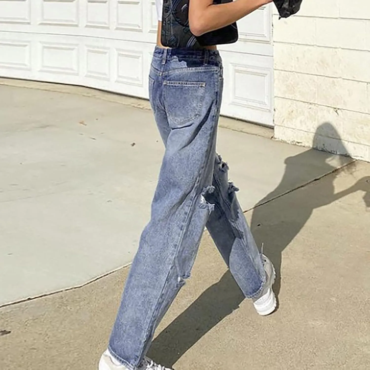 Womens Jeans High Waisted Trendy Stretch Wide Leg Straight Pants Casual Loose Fit Ripped Denim Jeans