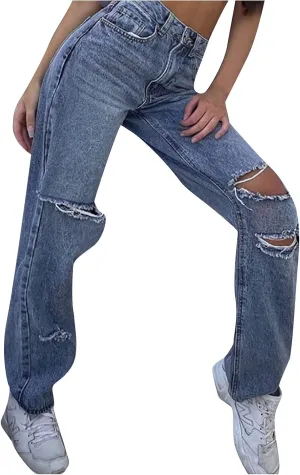 Womens Jeans High Waisted Trendy Stretch Wide Leg Straight Pants Casual Loose Fit Ripped Denim Jeans