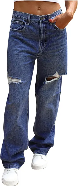 Womens Jeans High Waisted Trendy Stretch Wide Leg Straight Pants Casual Loose Fit Ripped Denim Jeans
