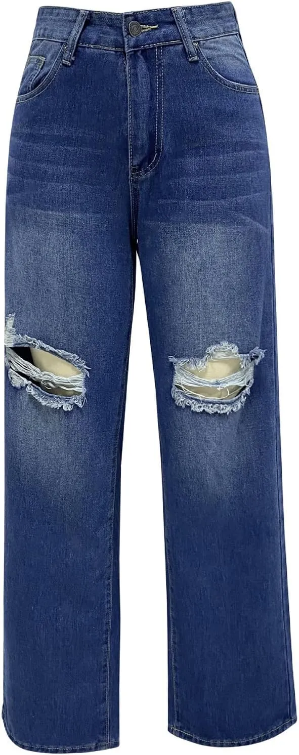 Womens Jeans High Waisted Trendy Stretch Wide Leg Straight Pants Casual Loose Fit Ripped Denim Jeans