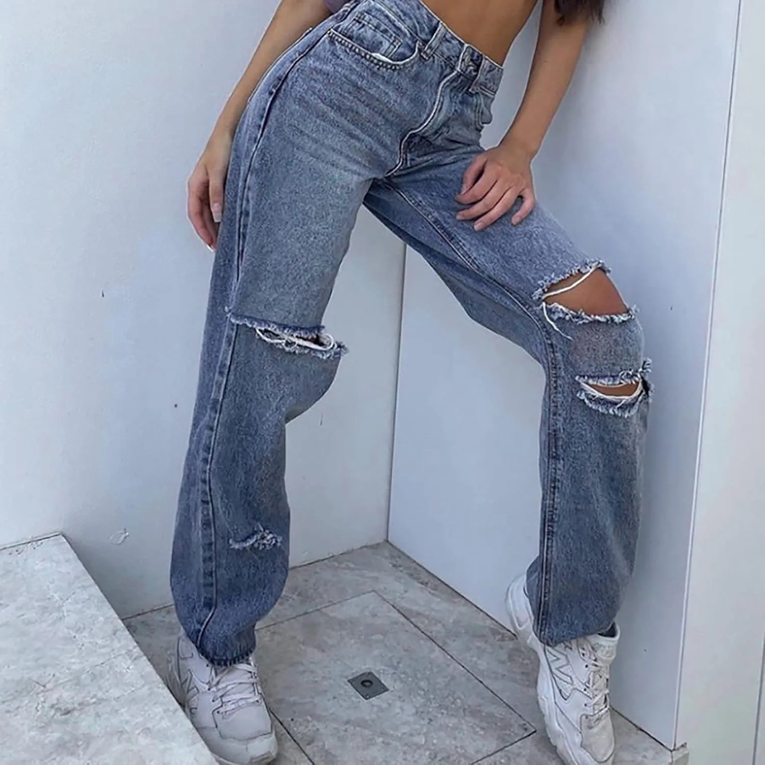 Womens Jeans High Waisted Trendy Stretch Wide Leg Straight Pants Casual Loose Fit Ripped Denim Jeans