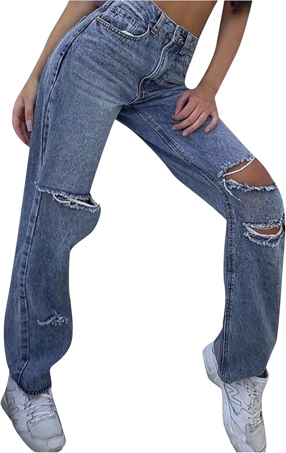 Womens Jeans High Waisted Trendy Stretch Wide Leg Straight Pants Casual Loose Fit Ripped Denim Jeans
