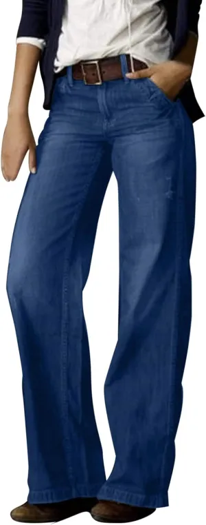 Women's Jeans Printed Stretchy High Waisted Baggy Straight Wide Leg Crop Casual Bootcut Imitation Denim Pants Trouser