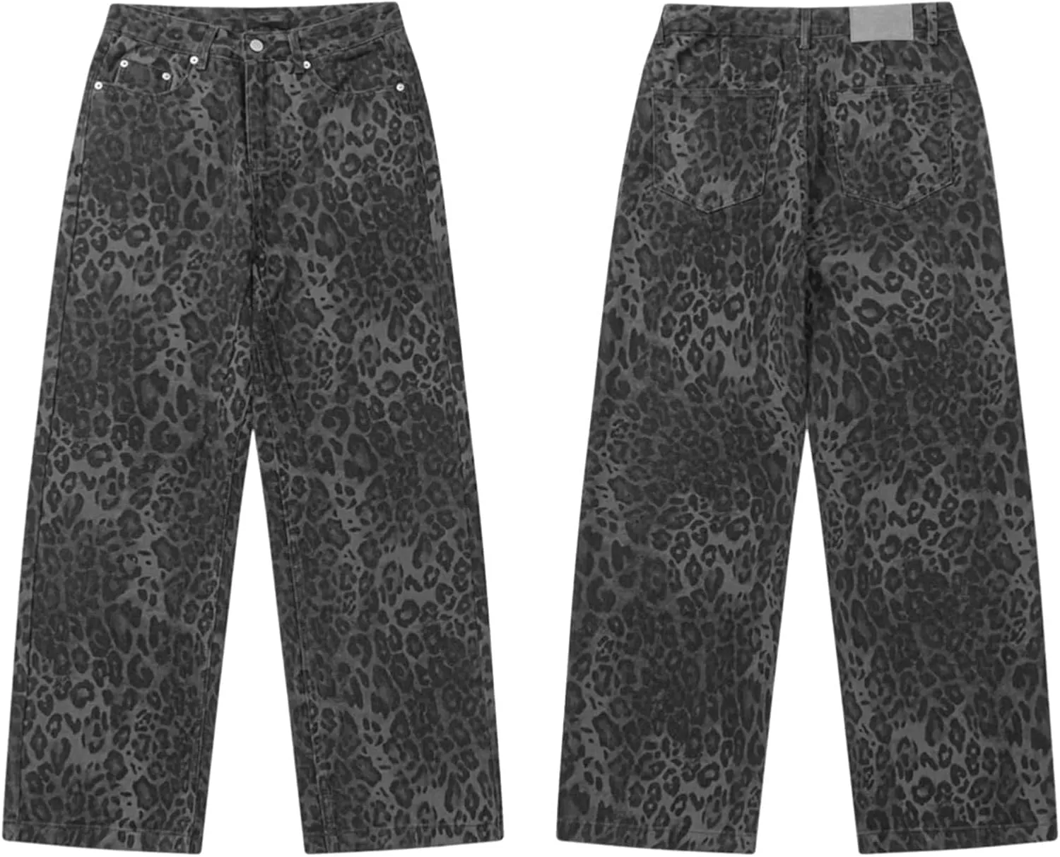 Womens Leopard Jeans Baggy Low Rise Denim Pants with Pockets Oversized Button Fly Boyfriend Y2K Trousers
