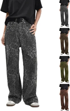 Womens Leopard Jeans Baggy Low Rise Denim Pants with Pockets Oversized Button Fly Boyfriend Y2K Trousers