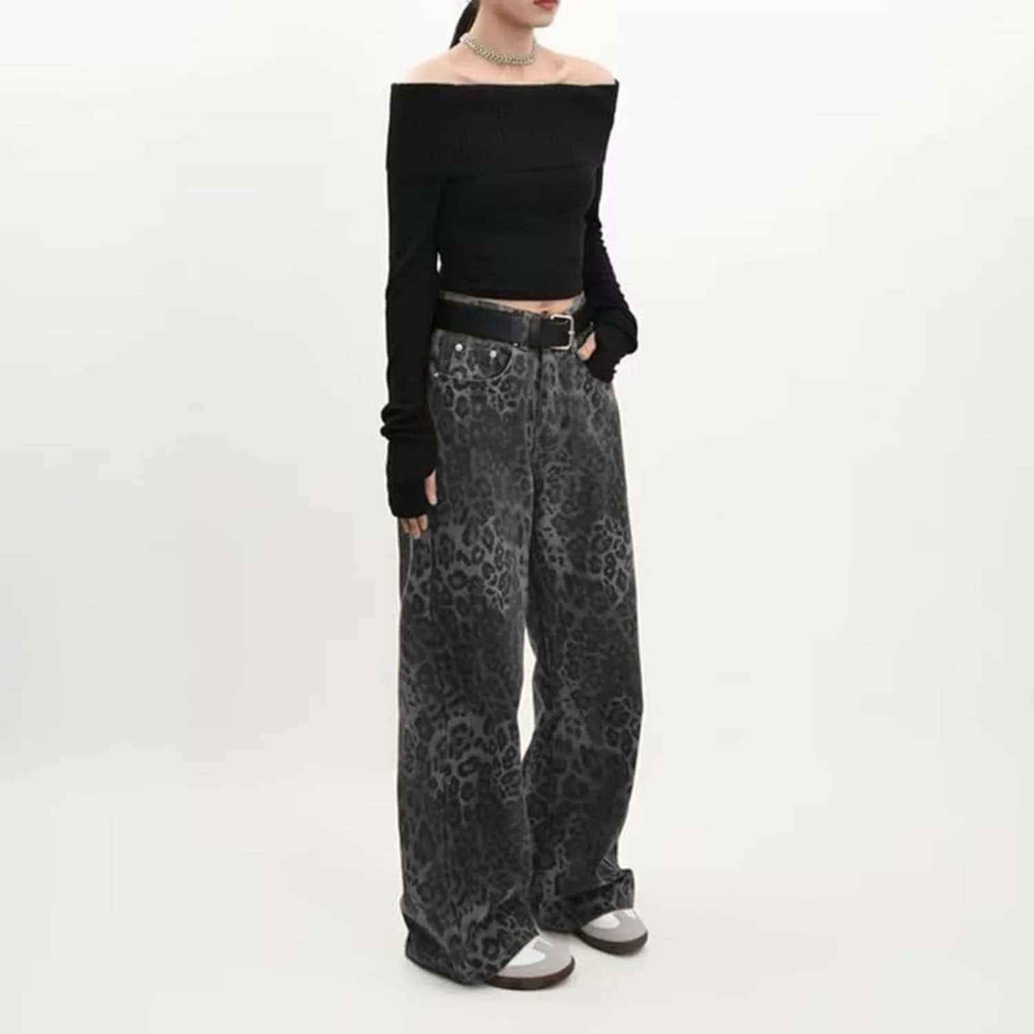 Womens Leopard Jeans Baggy Low Rise Denim Pants with Pockets Oversized Button Fly Boyfriend Y2K Trousers