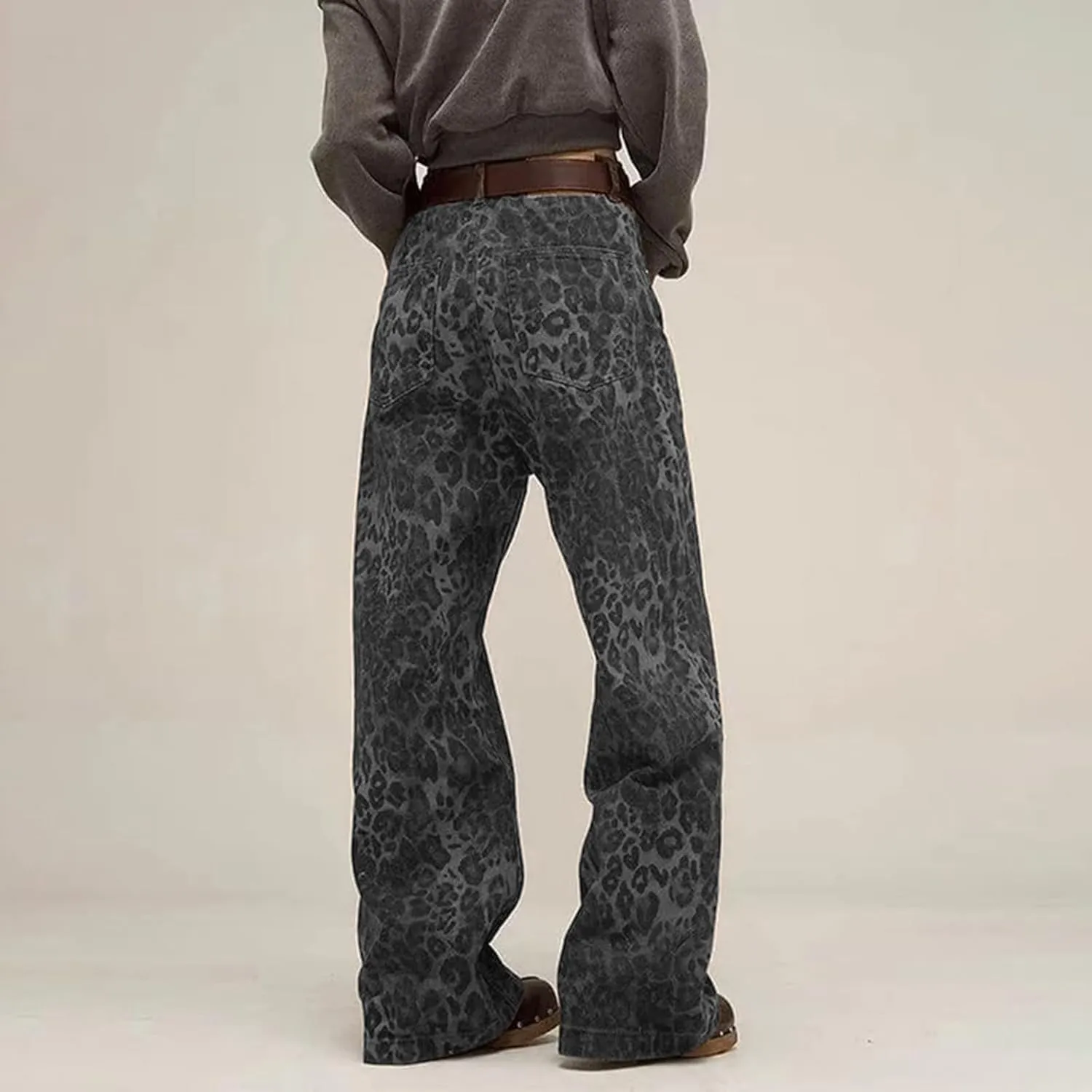 Womens Leopard Jeans Baggy Low Rise Denim Pants with Pockets Oversized Button Fly Boyfriend Y2K Trousers