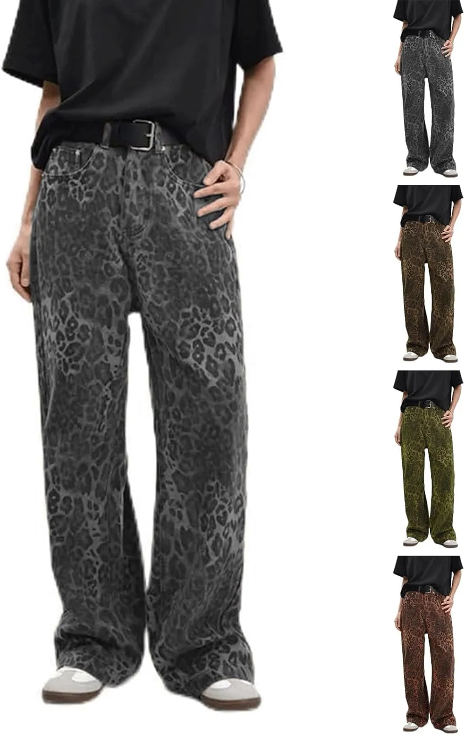 Womens Leopard Jeans Baggy Low Rise Denim Pants with Pockets Oversized Button Fly Boyfriend Y2K Trousers