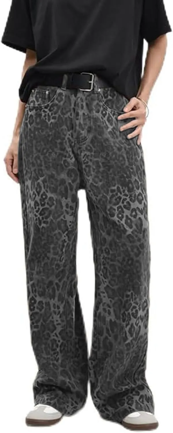 Womens Leopard Jeans Baggy Low Rise Denim Pants with Pockets Oversized Button Fly Boyfriend Y2K Trousers