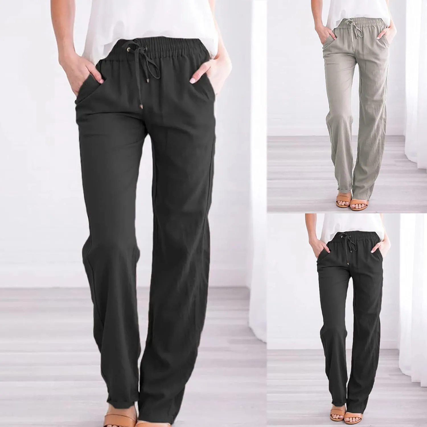 Womens Linen Pants Straight Leg Casual Pants Lightweight Drawstring Pants Summer Comfy Trousers with Pockets