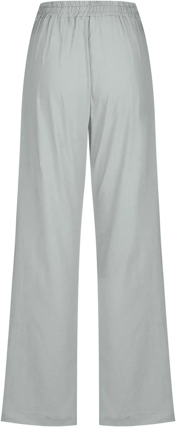 Womens Linen Pants Straight Leg Casual Pants Lightweight Drawstring Pants Summer Comfy Trousers with Pockets