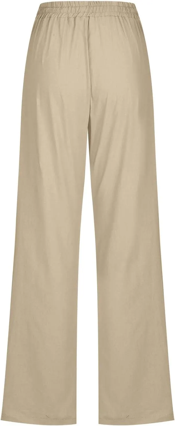 Womens Linen Pants Straight Leg Casual Pants Lightweight Drawstring Pants Summer Comfy Trousers with Pockets