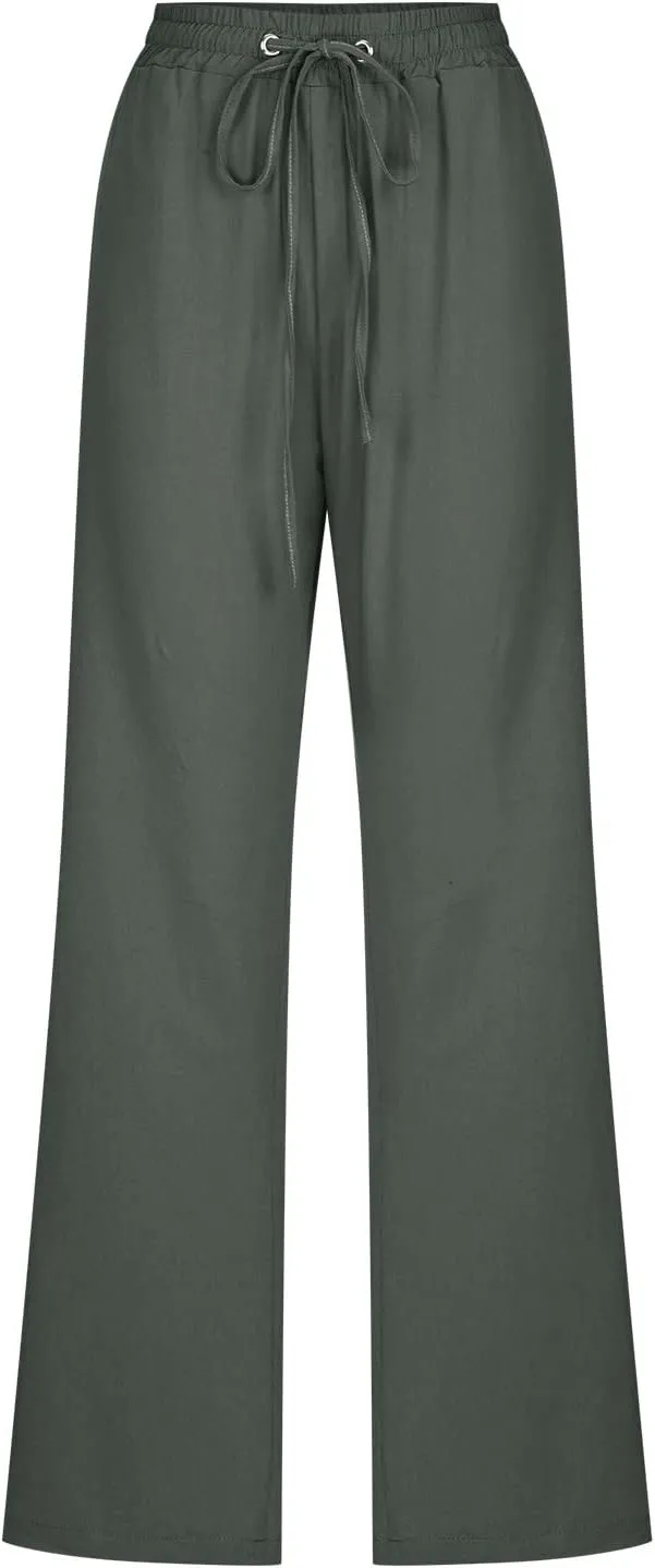 Womens Linen Pants Straight Leg Casual Pants Lightweight Drawstring Pants Summer Comfy Trousers with Pockets