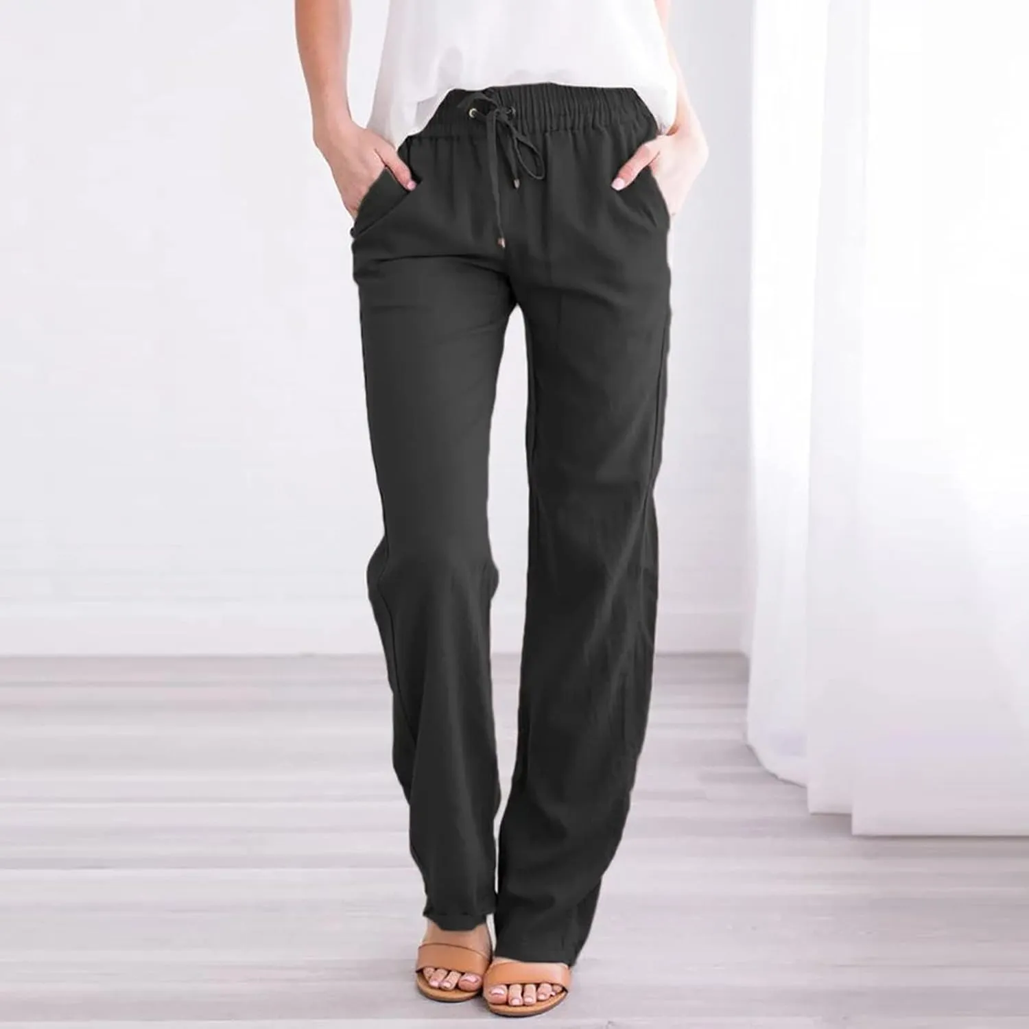 Womens Linen Pants Straight Leg Casual Pants Lightweight Drawstring Pants Summer Comfy Trousers with Pockets