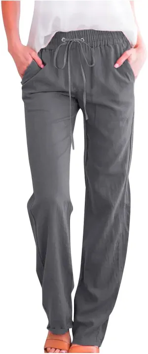 Womens Linen Pants Straight Leg Casual Pants Lightweight Drawstring Pants Summer Comfy Trousers with Pockets