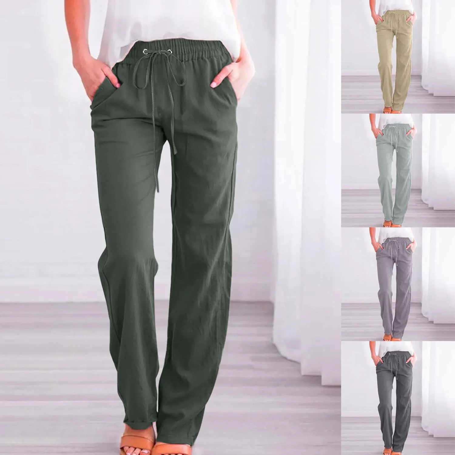 Womens Linen Pants Straight Leg Casual Pants Lightweight Drawstring Pants Summer Comfy Trousers with Pockets
