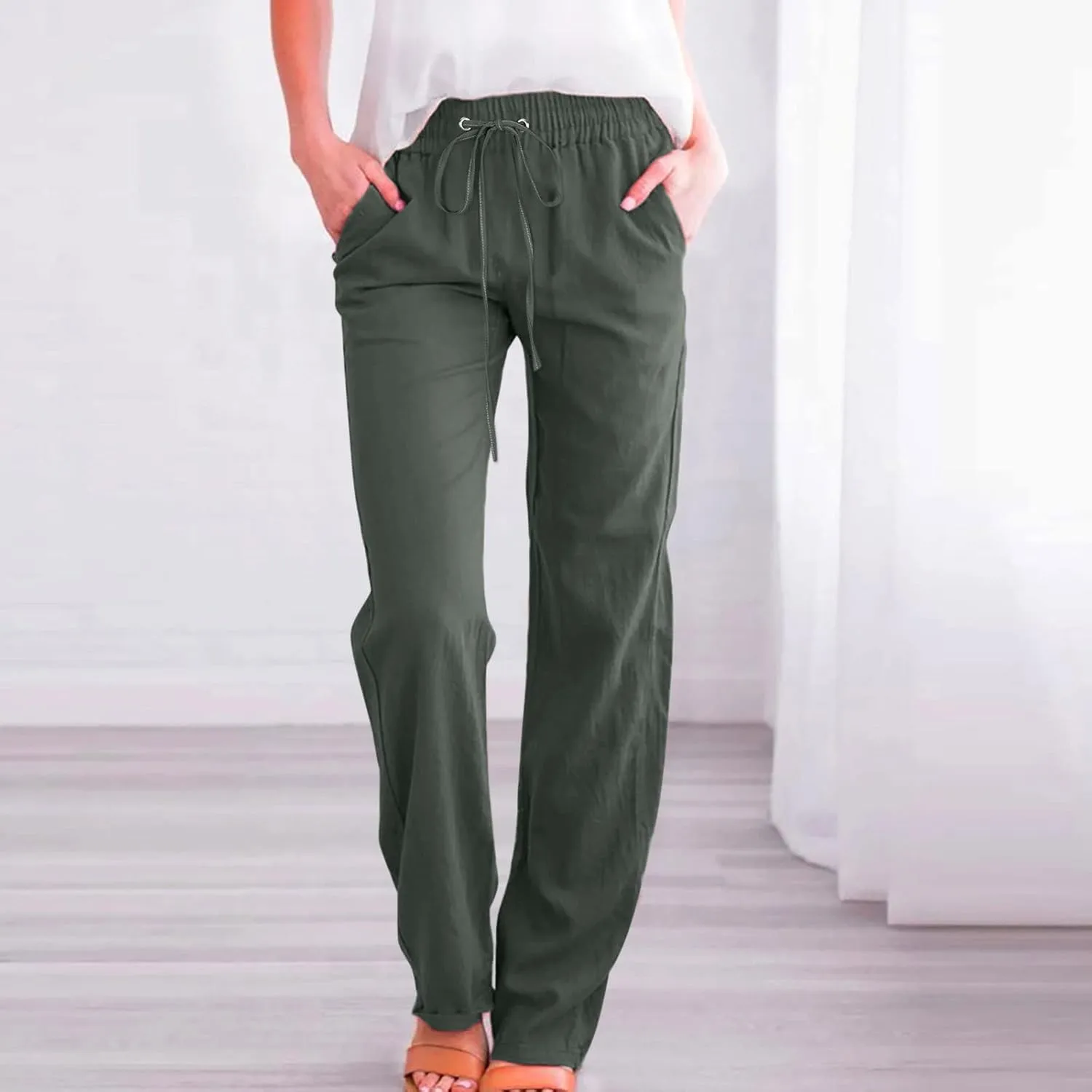 Womens Linen Pants Straight Leg Casual Pants Lightweight Drawstring Pants Summer Comfy Trousers with Pockets