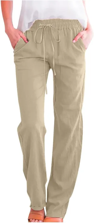Womens Linen Pants Straight Leg Casual Pants Lightweight Drawstring Pants Summer Comfy Trousers with Pockets