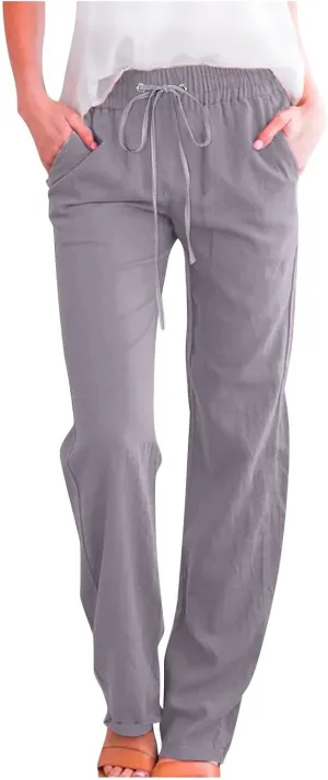 Womens Linen Pants Straight Leg Casual Pants Lightweight Drawstring Pants Summer Comfy Trousers with Pockets