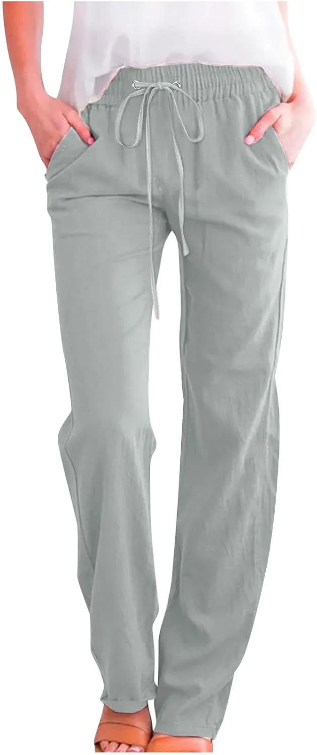 Womens Linen Pants Straight Leg Casual Pants Lightweight Drawstring Pants Summer Comfy Trousers with Pockets