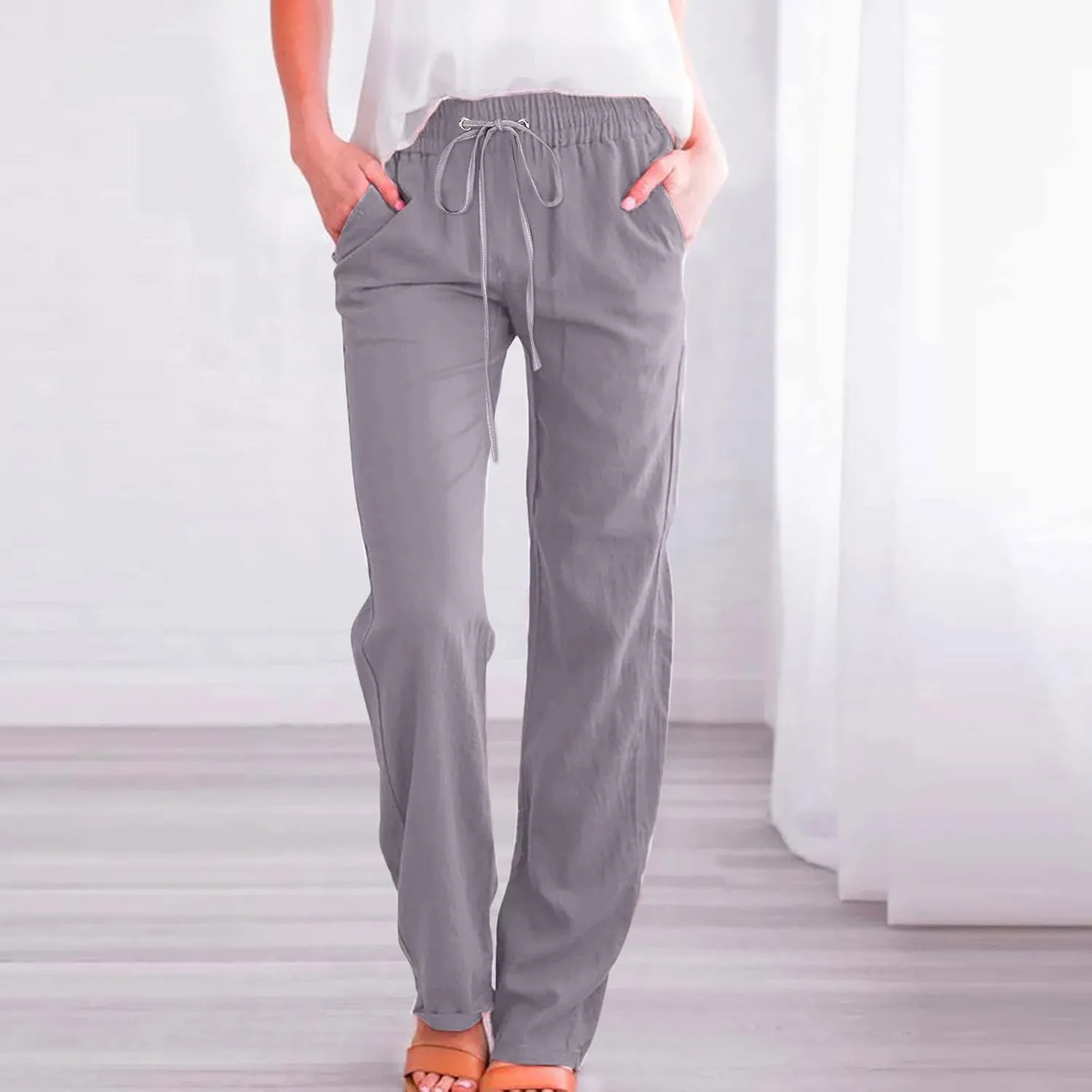 Womens Linen Pants Straight Leg Casual Pants Lightweight Drawstring Pants Summer Comfy Trousers with Pockets