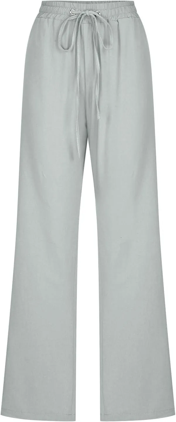 Womens Linen Pants Straight Leg Casual Pants Lightweight Drawstring Pants Summer Comfy Trousers with Pockets