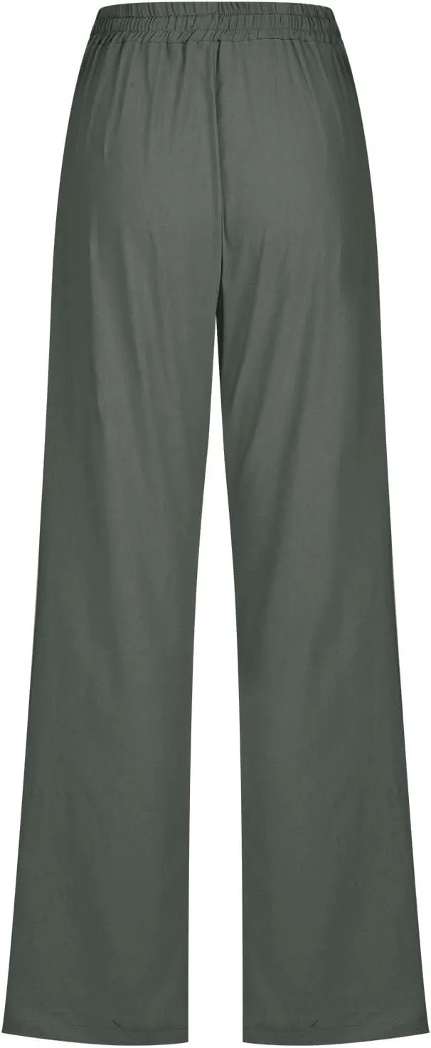 Womens Linen Pants Straight Leg Casual Pants Lightweight Drawstring Pants Summer Comfy Trousers with Pockets