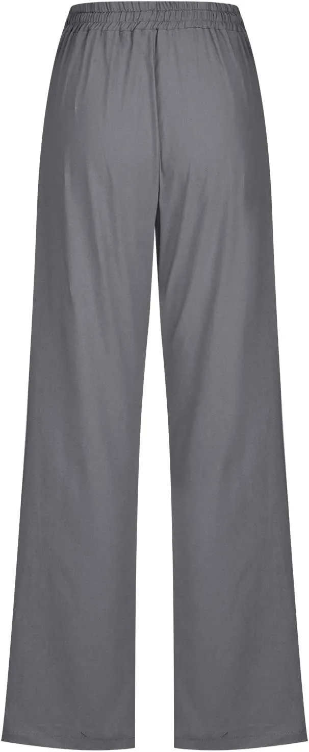 Womens Linen Pants Straight Leg Casual Pants Lightweight Drawstring Pants Summer Comfy Trousers with Pockets