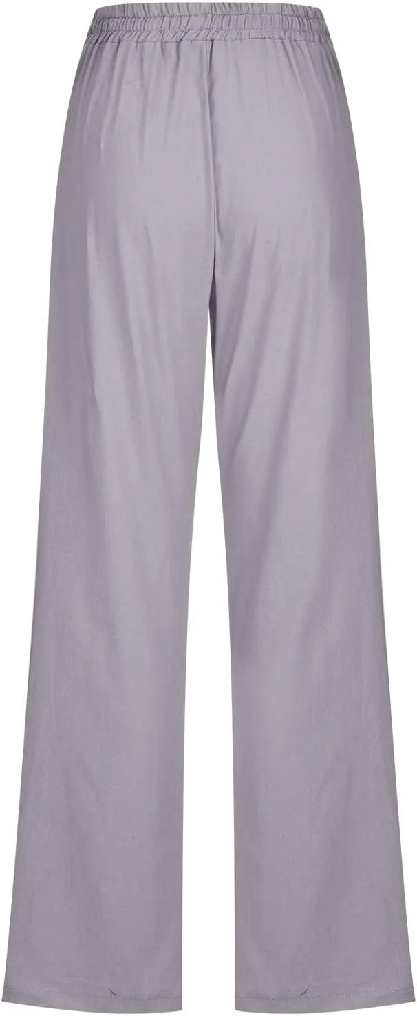 Womens Linen Pants Straight Leg Casual Pants Lightweight Drawstring Pants Summer Comfy Trousers with Pockets